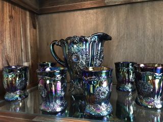 Mosser Dahlia Water Pitcher Glasses Set Amethyst Purple Carnival Glass