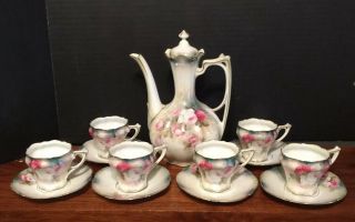 R S Prussia Expresso/demitasse Set Pot W/ 6 Cups & Saucers Red Wreath Mark Great