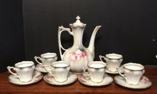 R S Prussia Expresso/Demitasse Set Pot W/ 6 Cups & Saucers Red Wreath Mark Great 4