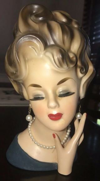 Vintage Lady Head Vase,  Rare,  Closed Eyes Version,  7 1/2  Ardco Headvase