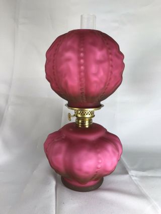Fenton L.  G.  Wright Beaded Drape Miniature Toy Lamp In Wild Rose Satin Overlay