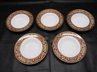 Set Of 5 Vintage 1996 Royal Doulton Tennyson Burgundy Gold Soup Bowl 8 "