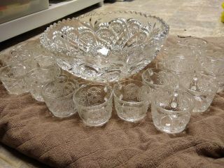 Crystal Punch Bowl And 18 Cups (unknown Brand)