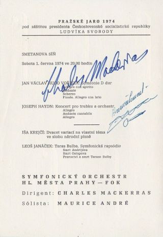 Maurice Andre Trumpeter & Charles Mackerras Conductor Dual Signed Program 1974