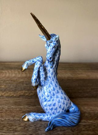 Herend Hungary Blue Fishnet Unicorn Gold Porcelain 5 " Figurine
