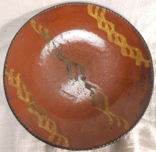 Good Early American Pennsylvania Redware 10 " Plate With Slip Decoration
