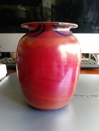 1972 Charles Lotton Mandarin Red Iridescent Swirl Art Glass Vase Signed 4 3/4 "