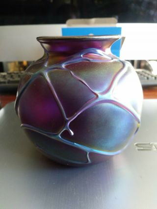 Charles Lotton Iridescent Glass Vase,  Signed And Dated 1973 On Base.