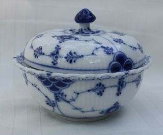 Rare Antique Royal Copenhagen Blue Fluted Full Lace Covered Sugar Bowl 1101