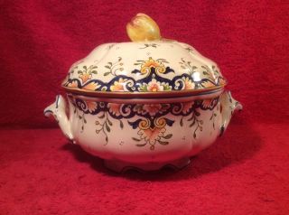 Tureen Antique French Faience Lidded Tureen Rouen Pattern