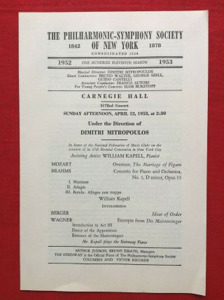4/12/1953 Stokowski William Kapell Carnegie Philharmonic Symphony Ny Program H
