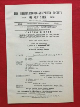 2/17/1949 Stokowski William Kapell Carnegie Philharmonic Symphony Ny Program H