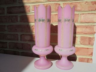 Pair Antique French Pink Opaline Cut Glass Tall Enameled Vases W Grapes 11 7/8 "