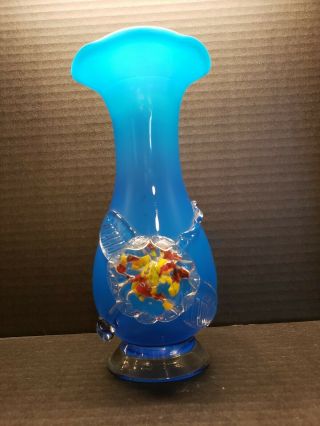Stevens And Williams Victorian Blue Art Glass Applied Spatter Flower 7 7/8 " Vase