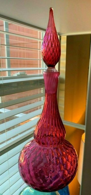 Empoli Italian 15 " Genie Decanter.  Cranberry Red Optic Design With Stopper.