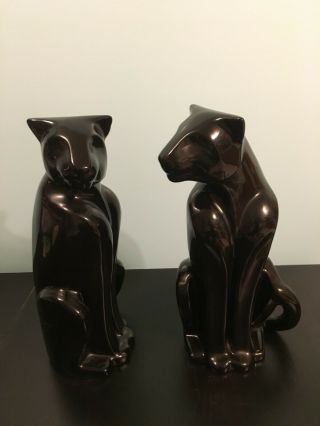 2 Royal Haeger Sitting Black Panthers Ceramic Sculpture Art Deco Modern 20.  5 "