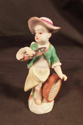 Antique Meissen Porcelain Figure Of A Cherub / Putti Girl Fishmonger 3 1/2 " High