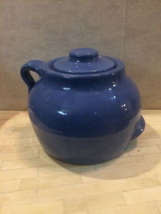 Vintage Stoneware Uhl Pottery Huntingburg In.  Blue Bean Pot With Handle And Ear