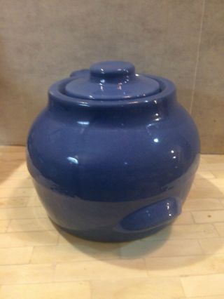 Vintage Stoneware Uhl Pottery Huntingburg IN.  Blue Bean Pot With Handle And Ear 2