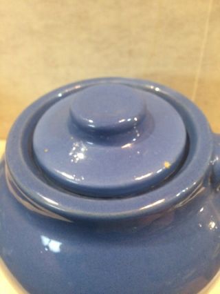 Vintage Stoneware Uhl Pottery Huntingburg IN.  Blue Bean Pot With Handle And Ear 4