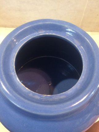 Vintage Stoneware Uhl Pottery Huntingburg IN.  Blue Bean Pot With Handle And Ear 7