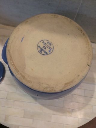 Vintage Stoneware Uhl Pottery Huntingburg IN.  Blue Bean Pot With Handle And Ear 8