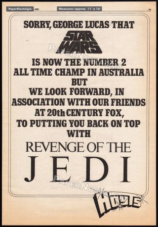 Revenge Of The Jedi_orig.  1982 Trade Ad_poster_hoyts Cinemas_star Wars_return
