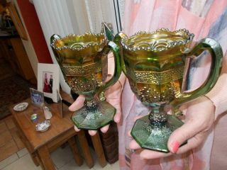 Pretty Vintage Pair Green Iridescent Carnival Glass Trophy Vases Orange Trees