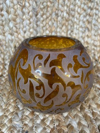 Michael Weems Signed 2004 Etched Art Glass Flower Vase Bowl Amber Round