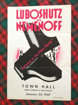 1947 Luboshutz & Nemenoff Pianist Town Hall Box F Flyer Handbill Gc