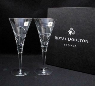 Pair Quality Royal Doulton Crystal " Saturn " Wine Goblets Glasses Signed Boxed