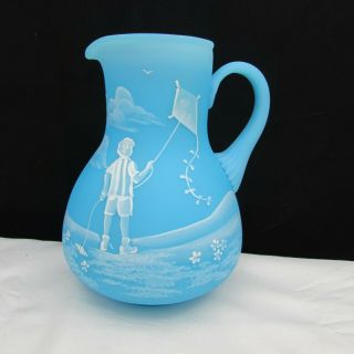 Fenton Sky Blue Satin Mary Gregory A Clear Day For Flying Le Pitcher W315