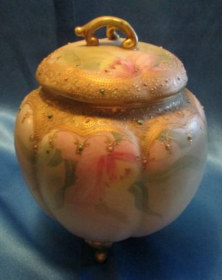 Nippon Gilded & Jeweled Biscuit Jar Maple Leaf Mark C.  1898 - 1921 8 - 1/2 " Tall