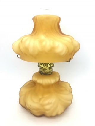 Fenton L.  G Wright Miniature Oil Lamp Honey Amber Plume Satin Overlay Cased