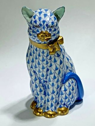 Herend Cat W/bow Figurine Blue Fish Net Porcelain Hand Paint/gold Accents