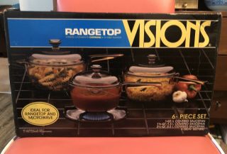 Nib 1990 Corning Ware Amber Visions Range Top Cookware 6 - Pc Set.