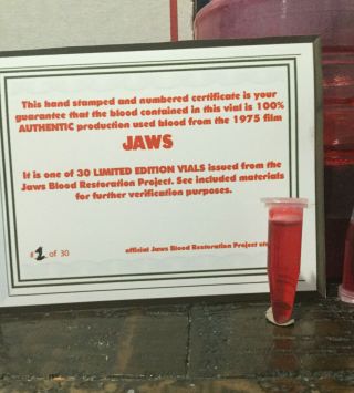 Jaws 1975 Vial Of Actual Production Blood With Coa/ Documents Prop