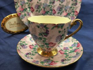 Shelley Pink Summer Glory Chintz Ripon Footed Cup,  Saucer & Plate Gold Trim