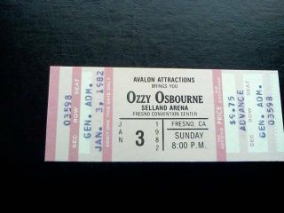 Ozzy Osbourne Ticket Blizzard Of Oz Fresno 03/01/82 Randy Rhoads