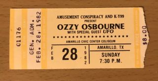 1982 Ozzy Osbourne Amarillo Texas Concert Ticket Diary Of A Madman Randy Rhoads