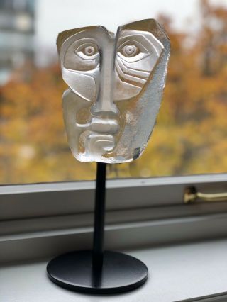 Mats Jonasson Art Glass Face Mask Swedish Clear Crystal Mounted On Metal Stand