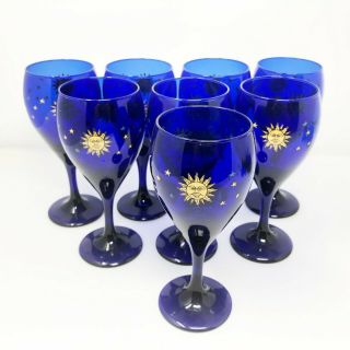 Vintage Libbey Cobalt Blue Celestial Sun Moon Stars Wine Glasses 7 " Set Of 8