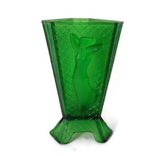 Art Deco Mckee Emerald Green Glass Triangle Vase W/dressed Dancers