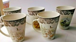 Collectible Set Of 5 Large Porcelain Spode Woodland Mugs Cups,  Fine Cond