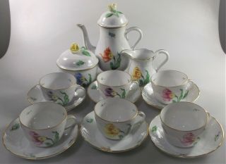 Herend Kitty (ky) Demitasse Coffee Pot,  Sugar,  Creamer And 6 Cup And Saucer Set S