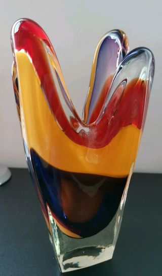Vintage Murano Yellow,  Red & Purple Hand Blown Art Glass Vase