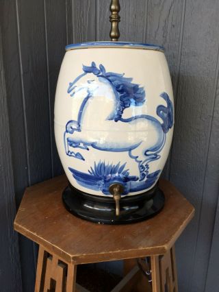 Vintage Rare Ma Hadley Pottery 12 " Blue Salt Glaze Horse Water Crock Lamp