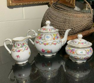 Schumann Sch2 Pattern Teapot Creamer & Sugar Bowl Flowers & Gold Dresden Germany