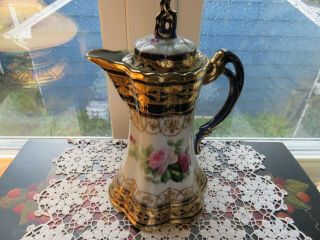 Nippon Hand Painted Pink Roses Gold Gilt Beading Chocolate Pot Mark 52 Exc