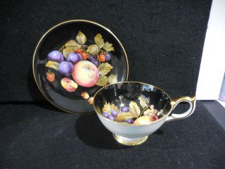 Vintage Aynsley Black & Gold Orchard Fruits Cup & Saucer 2